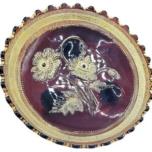 Northwood Iceland Poppy Amethyst Carnival Glass Verre d'Or 3 Footed Bowl 10"